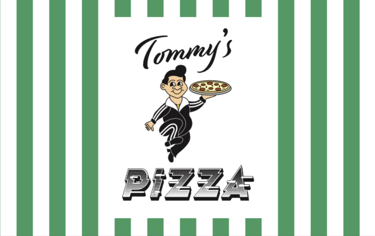 tommmy's pizza logo person holding a pizza in a black suit in front of a green and white striped backgroud.